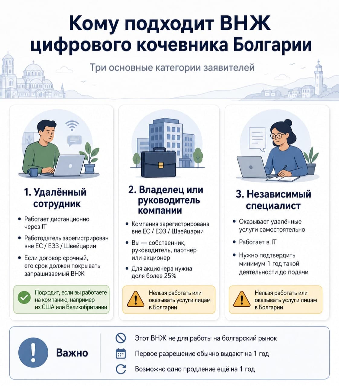 Инфографика: три категории заявителей на ВНЖ цифрового кочевника Болгарии — удалённый сотрудник, владелец или руководитель компании, независимый специалист