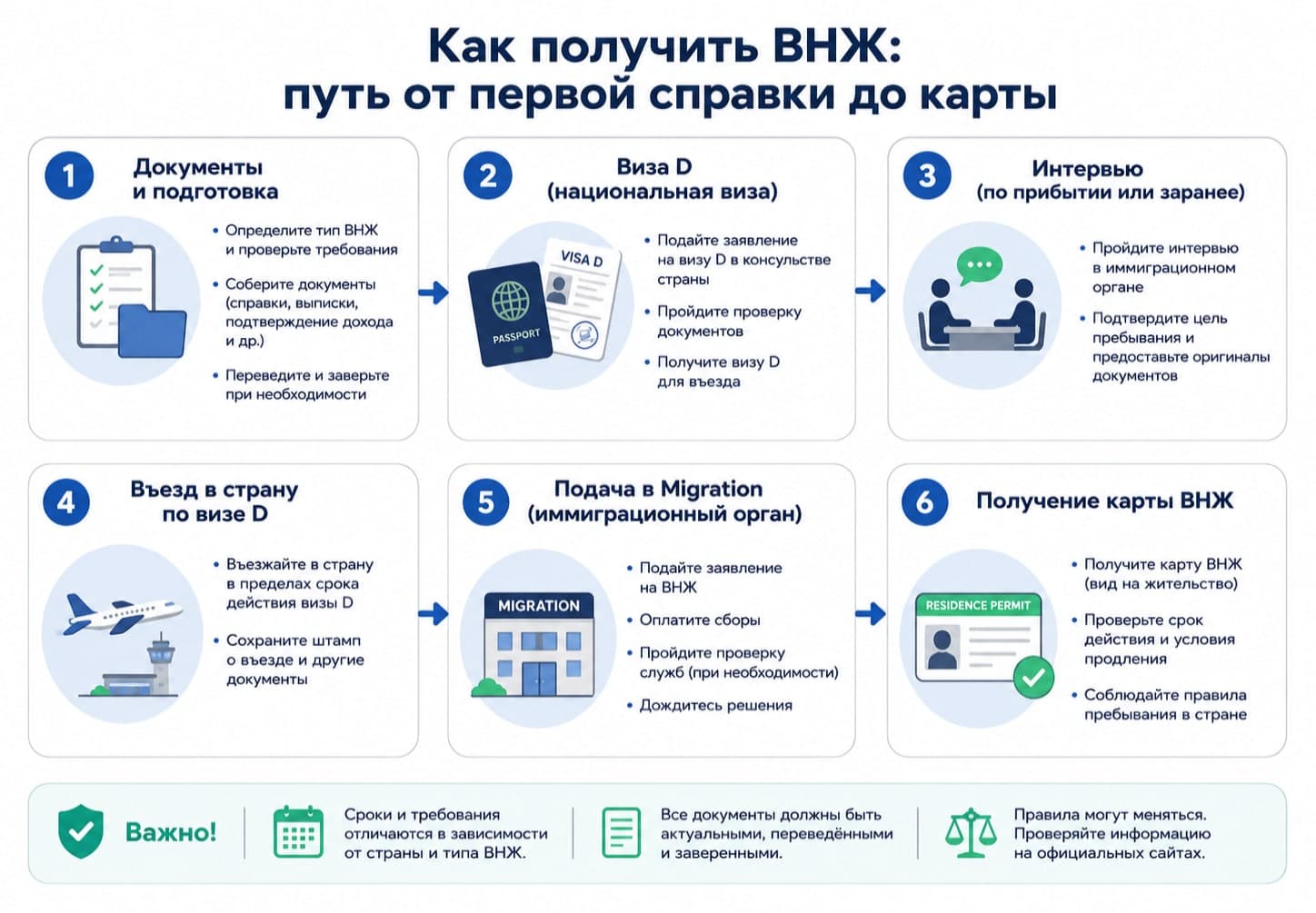 Инфографика: шесть этапов оформления ВНЖ — подготовка документов, виза D, интервью, въезд, подача в миграционную службу и получение карты